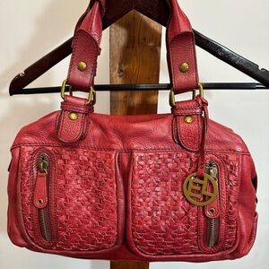 Elliott Lucca Womens Leather Hobo Handbag Shoulder Bag Weave Pockets Burgundy